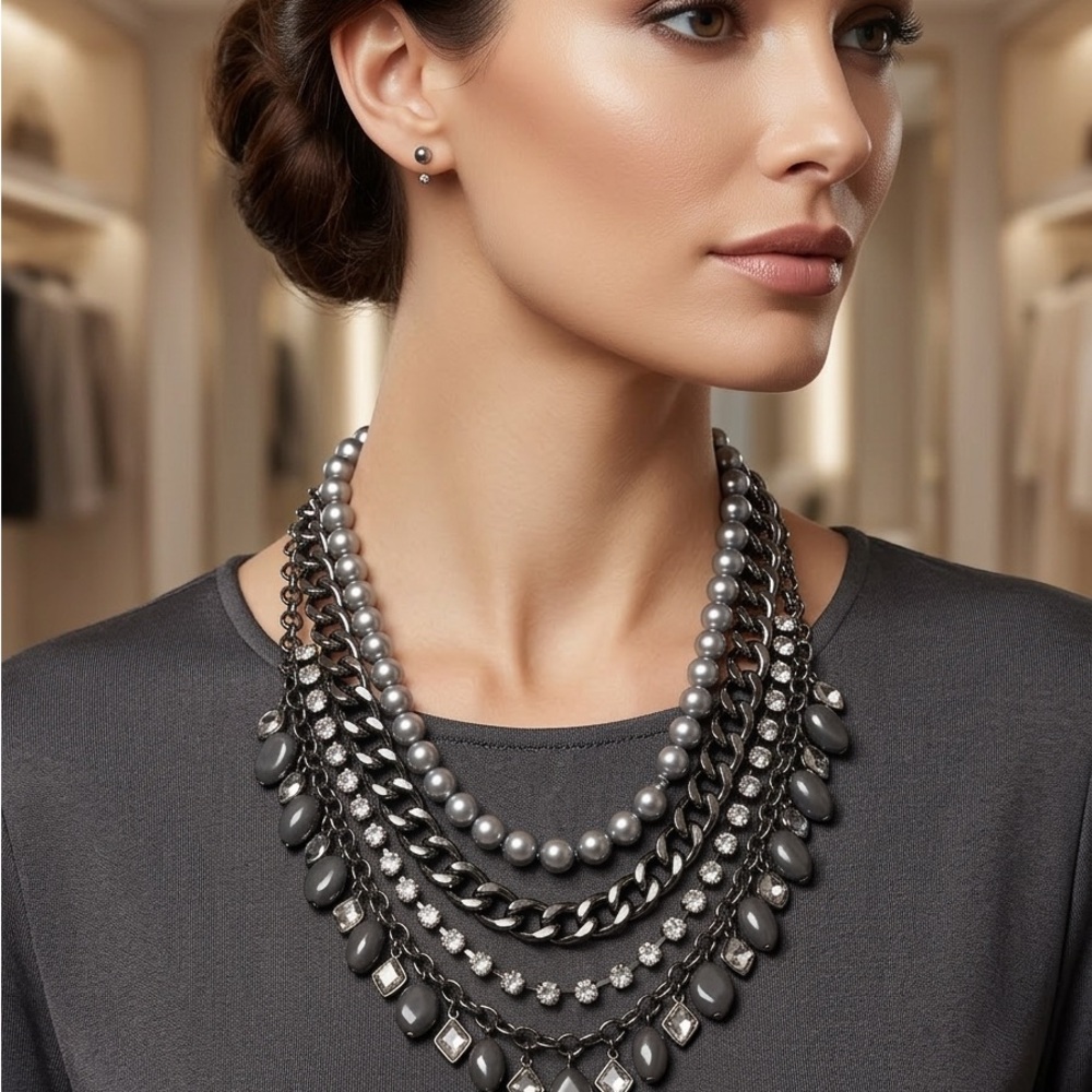 Edgy Chunky Glam Mix Media Layered Rhinestone Accents - Gunmetal & Grey Pearls - Picture 6 of 7